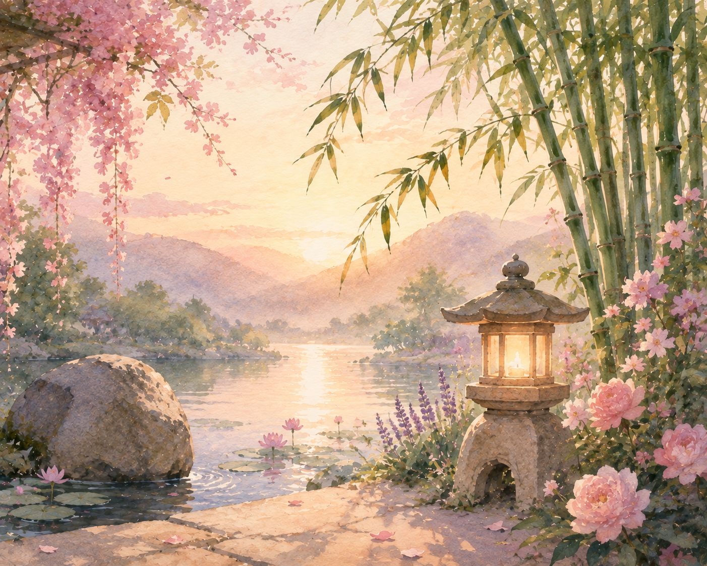 Watercolour of a quiet garden at dusk, with a lit stone lantern beside still water